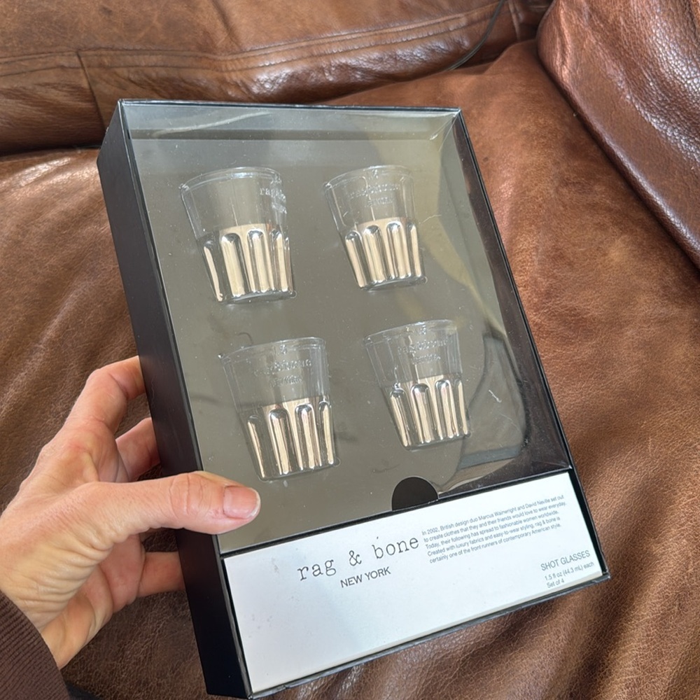 Rag & Bone - 4 Shot Glasses - NIB silver accents